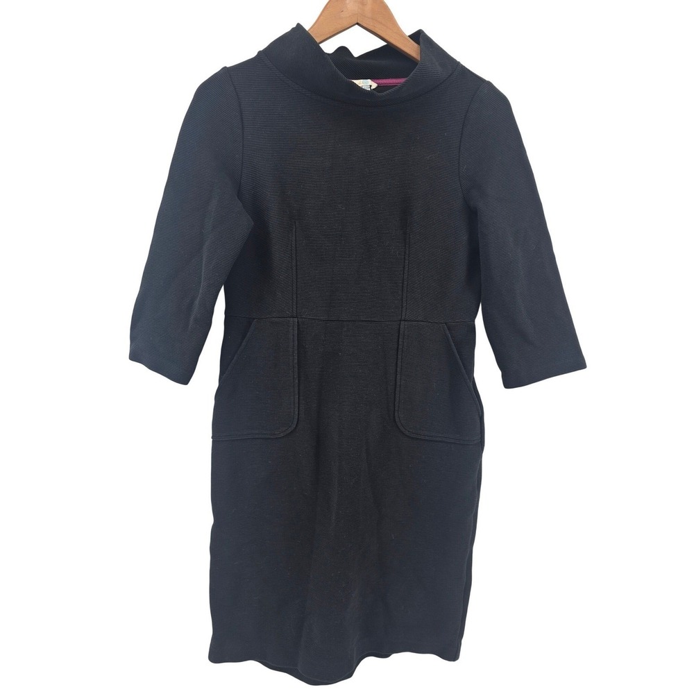 Boden Dress Women 6R Black Ottilie Ottoman Ribbed Funnel Neck 3/4 Sleeve Pockets